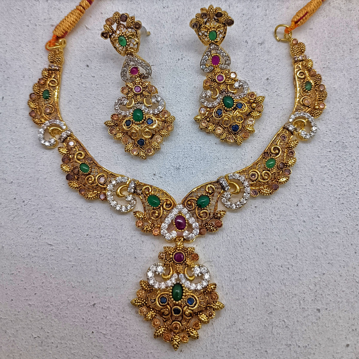 Luxury Multi-Gemstone Statement Necklace – Royal Ruby & Emerald Tones – Gold Plated Party Wear/Uk17